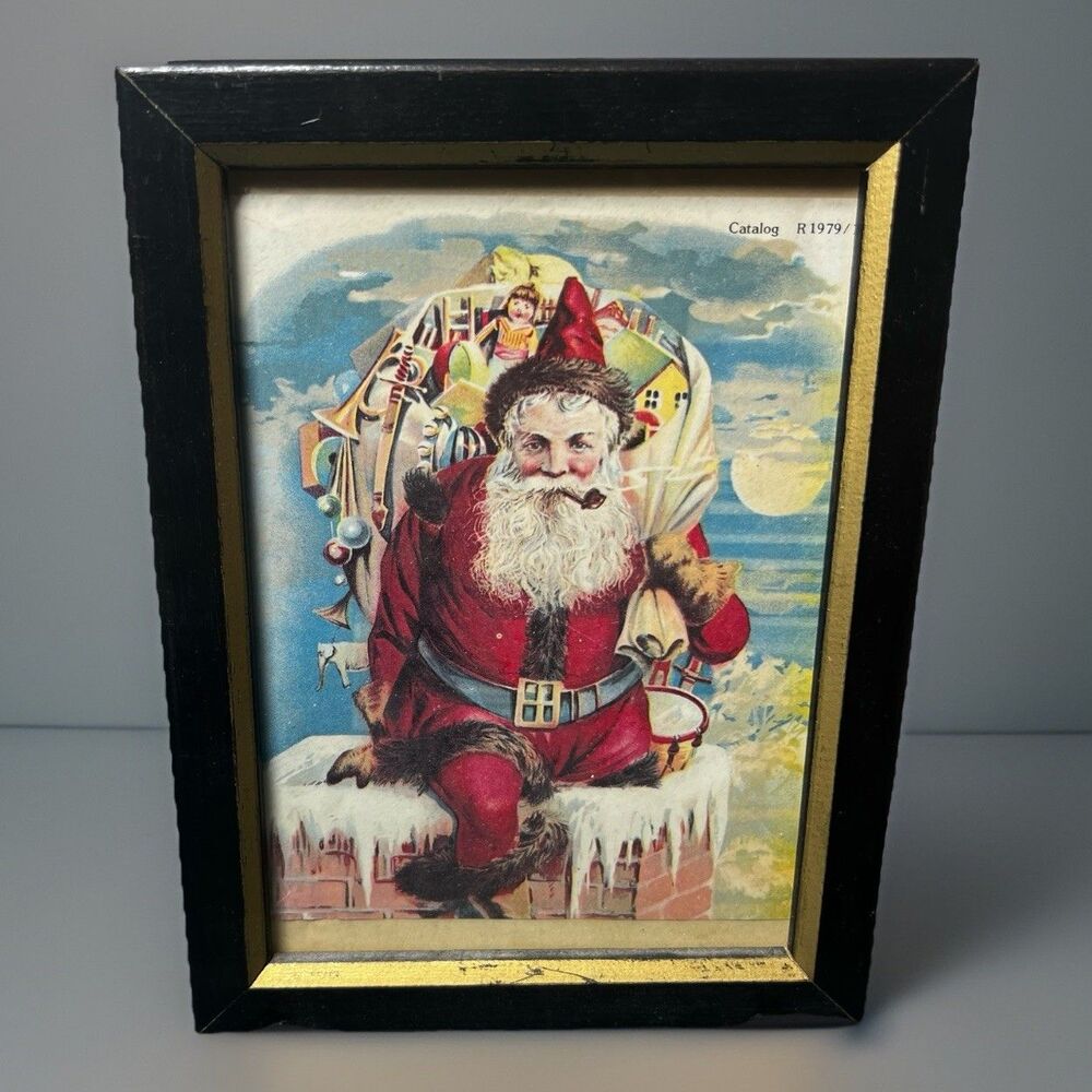 Vintage Christmas Santa on Chimney Framed Art Print Catalog R1979